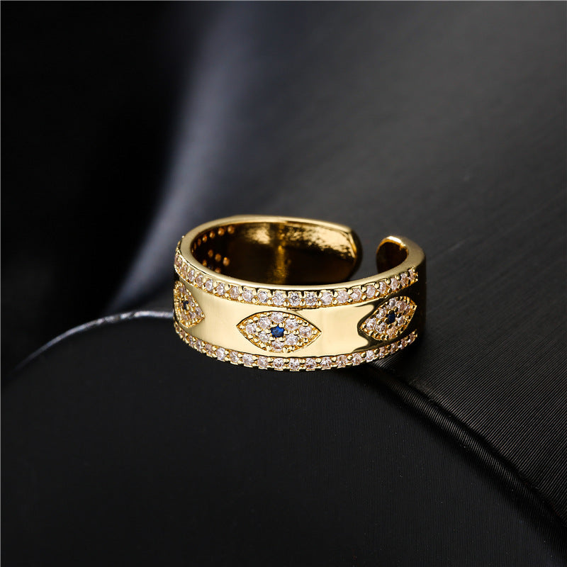 Minimalist 18K Gold Plated Brass Geometric Micro-Inlay Cubic Zirconia Evil Eye Ring for Women