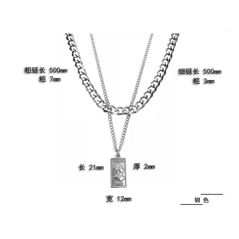 Collana da uomo e donna a doppia catena cubana geometrica minimalista in acciaio inossidabile con ciondolo in acciaio al titanio lucidato