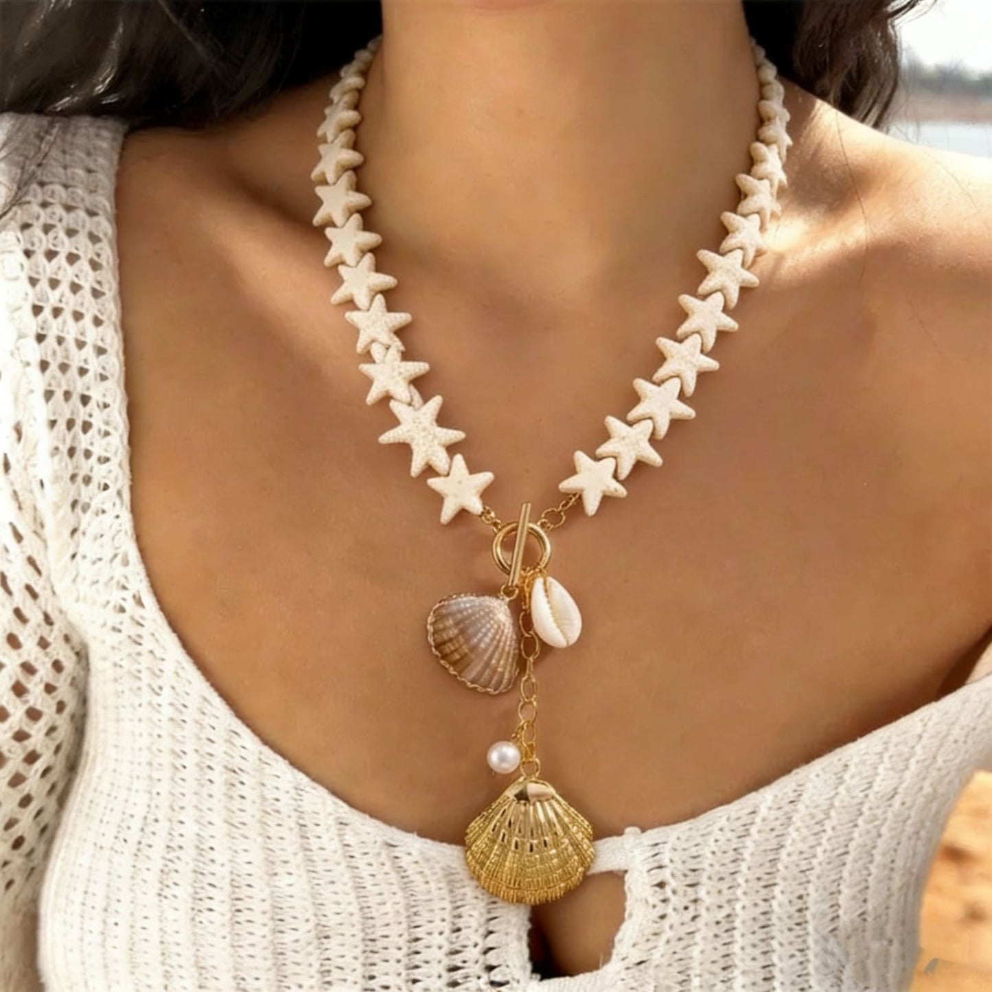 Collana pendente Bohemian di lusso con conchiglia a stella marina e conchiglia geometrica fatta a mano in lega per donna