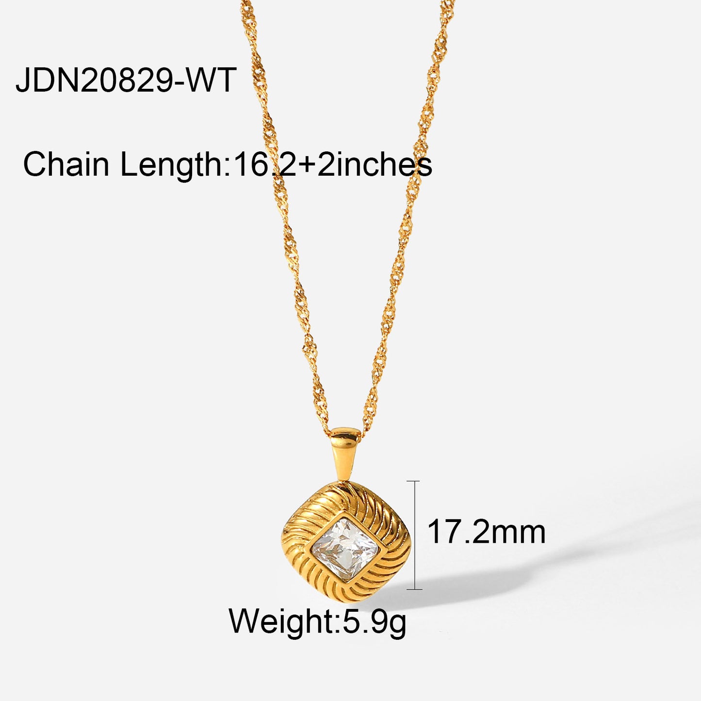 INS Style Stainless Steel Necklace with 18K Gold Plated Square Textured Button Pendant and White Pink or Green Cubic Zirconia for Women