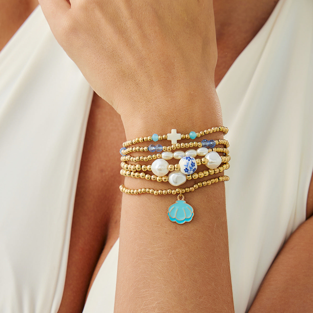 Vintage Geometric Cross Plated Resin Beaded Bracelet