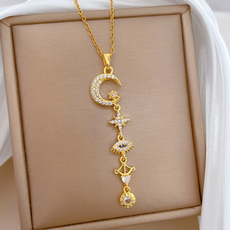 Sweet Elegant Star Moon Geometric Rhinestone Inlay Titanium Steel Necklace with Brass Pendant for Women