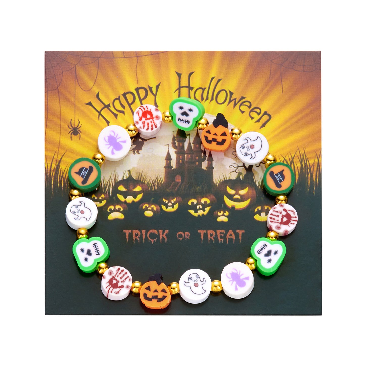 Pulsera Exótica Vintage de Halloween Hecha a Mano de Arcilla Polimérica con Calabaza Fantasma Gato Calavera y Acentos Geométricos