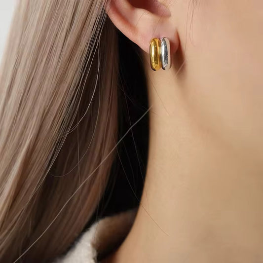 Minimalist Geometric Stainless Steel Ear Studs with 18K Gold Plating, Dual-Layer C-Shaped Semi-Circular Curved Design for Women