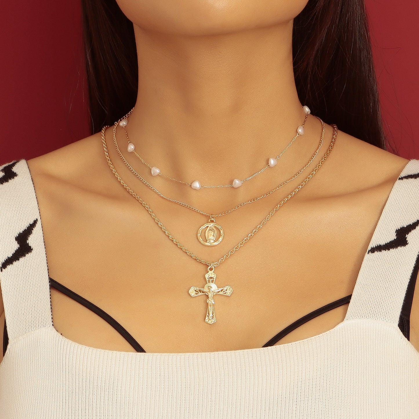Vintage Cross Pendant Necklace for Women with Geometric Shape Alloy Construction Plated Finish Layered Clavicle Chain