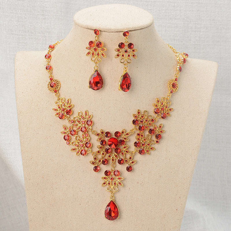 Luxury Elegant Floral Rhinestone Alloy Plated Necklace and Earring Set for Women Wedding Bridal Jewelry