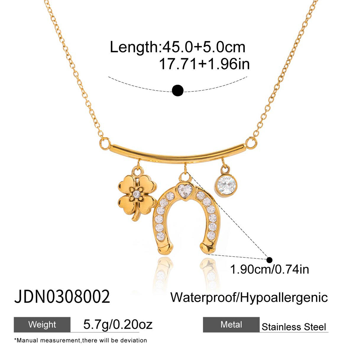 Elegante set de collar con colgante de herradura de acero titanio y detalles de diamantes de imitación, pendientes y pulsera de acero inoxidable galvanizado para mujer