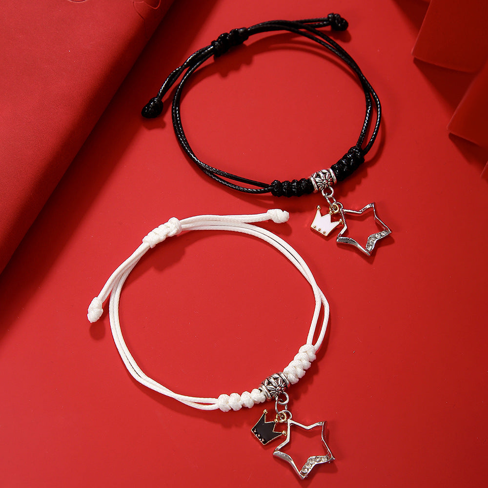Ethnic Style Geometric Alloy Bracelet Set for Couples and Friends Handmade with Heart Cross and Crown Charms