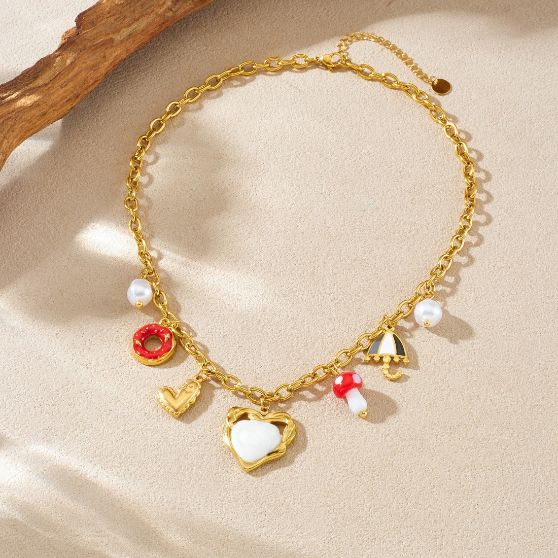 Chic Cartoon Drip Oil Plated Stainless Steel Heart Mushroom Donut Umbrella Necklace with Cable Chain