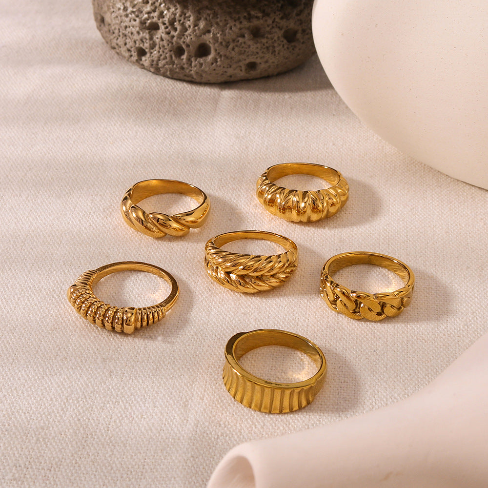 Vintage INS Style Geometric Textured Wrinkled Stainless Steel Ring with 18K Gold Plating for Women