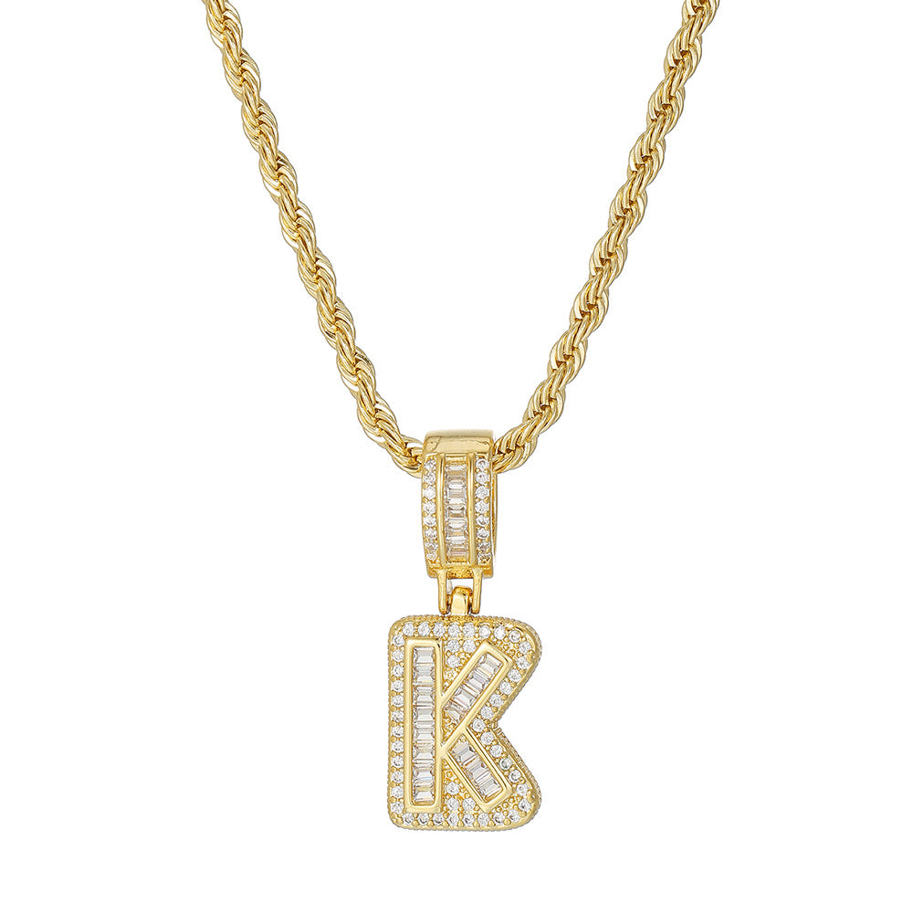 Personalized 18K Gold Plated Brass Cubic Zirconia Letter Pendant Necklace with Stainless Steel Rope Chain
