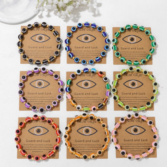 Vintage 18K Gold Colorful Bead Evil Eye Bracelet with Musical Note Charm Unisex Crystal Jewelry