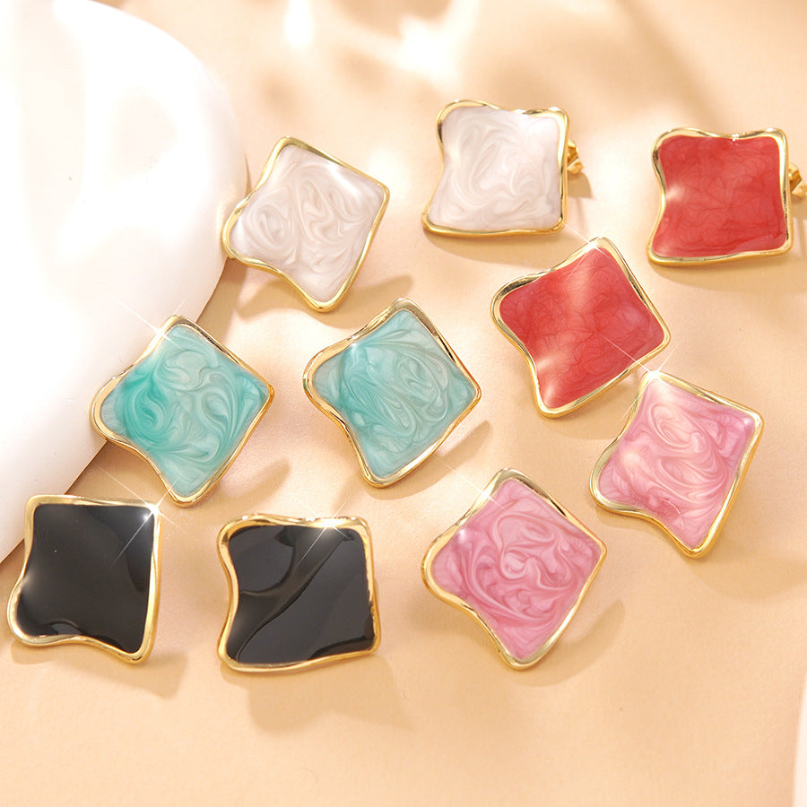 Sweet Streetwear Geometric Square Drip Oil Stainless Steel Earrings