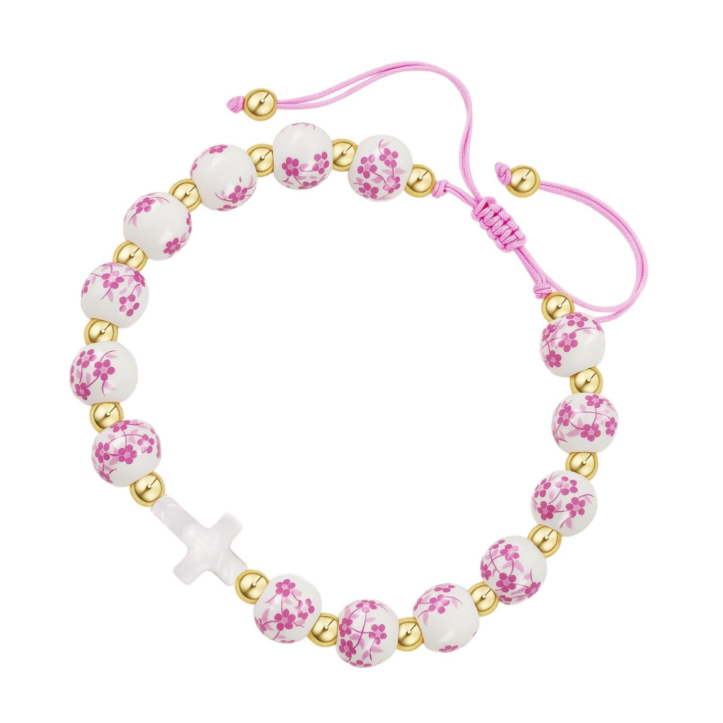 Vintage Elegant Ceramic Cross Charm Bar Bracelet with Floral Pattern and Gold Spacer Beads for Women