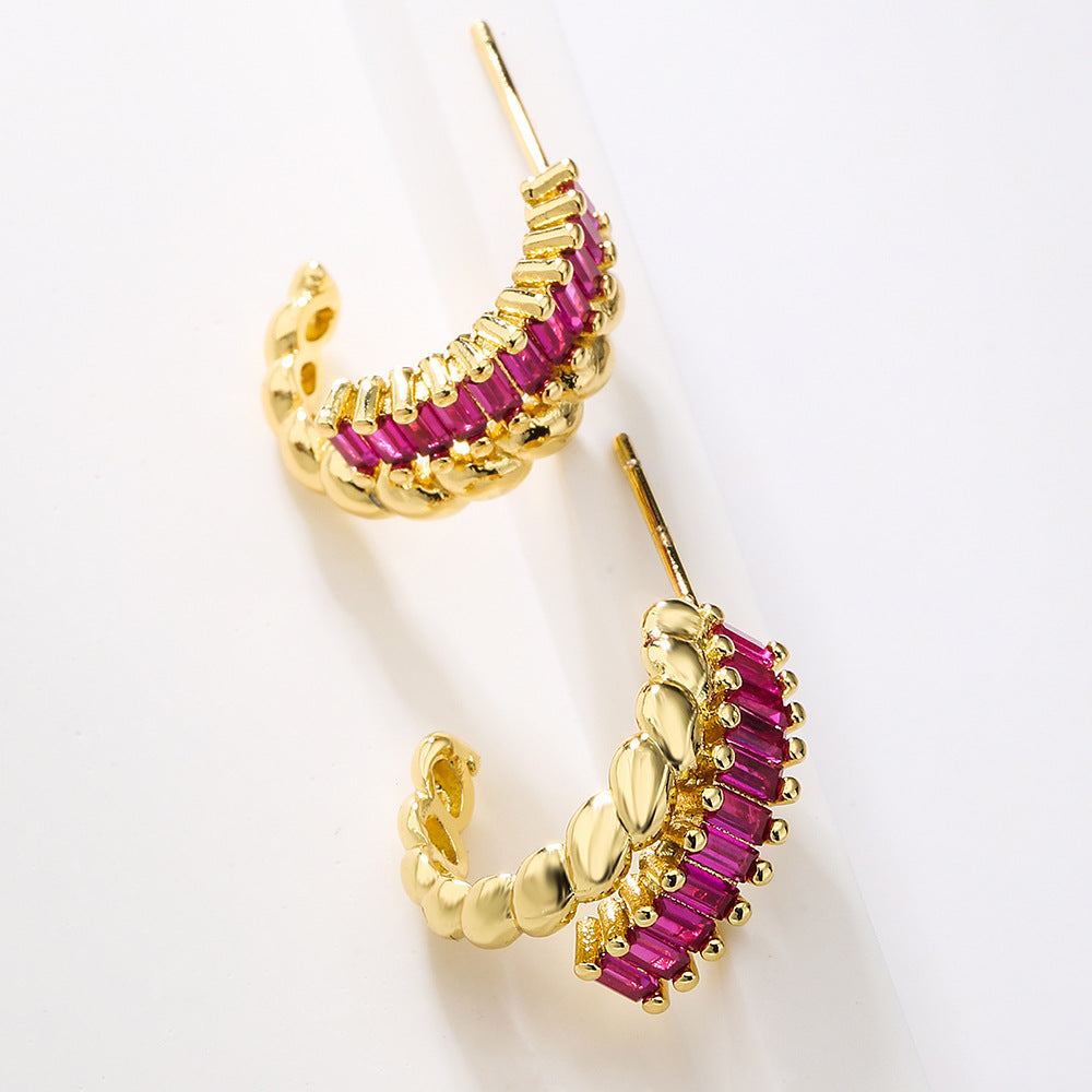 Geometric C-Shaped Copper Earrings with 18K Gold Plating and Micro-Paved Zirconia for Women