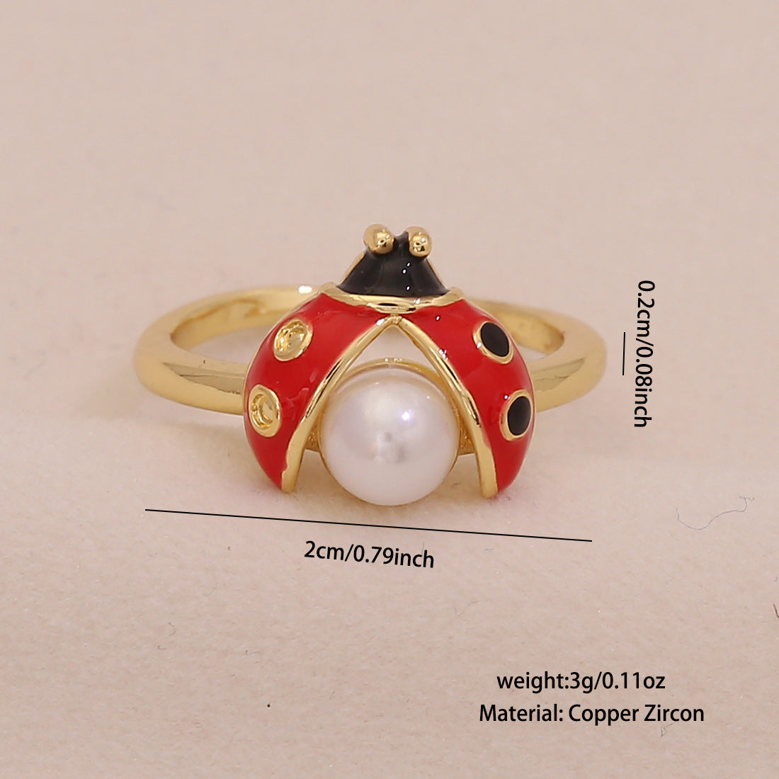 Cute Ladybug Ring in Copper with Enamel Finish for Women, Insect-Shaped Vintage-Inspired Jewelry