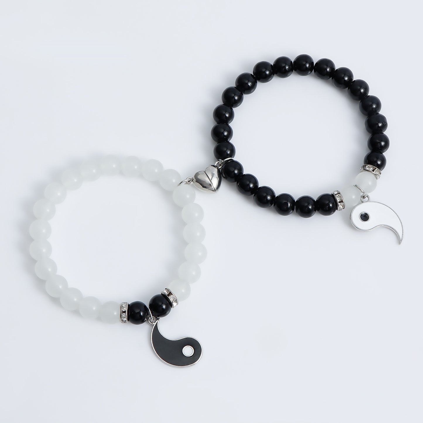 Juego de pulseras minimalistas de corazón Yin Yang con cuentas de cristal en cordón elástico para mujeres y hombres