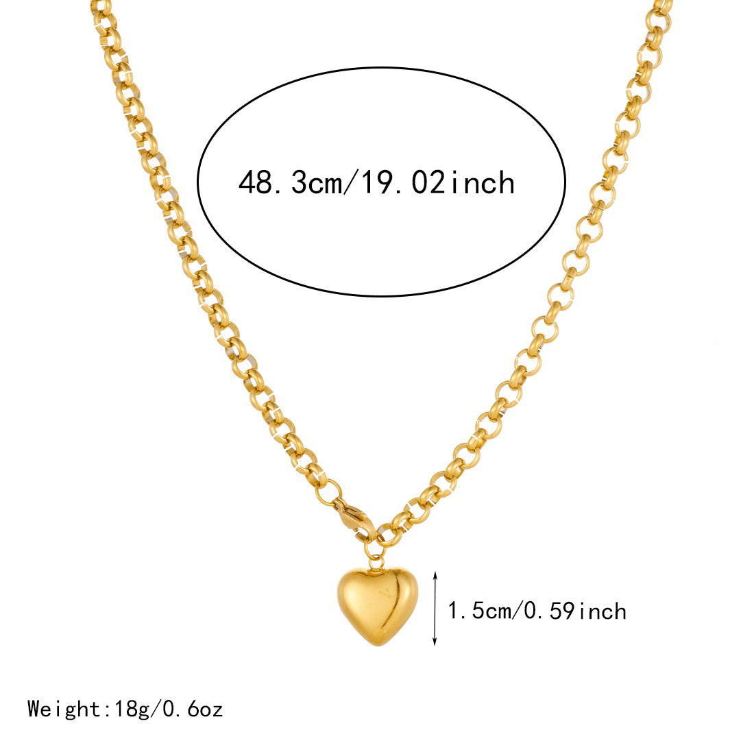 Minimalist Punk Gold Plated Stainless Steel Heart Pendant Cable Chain Necklace