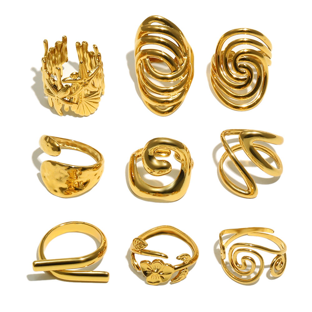 Anillo minimalista de acero inoxidable con forma de línea y baño de oro de 18K para mujer