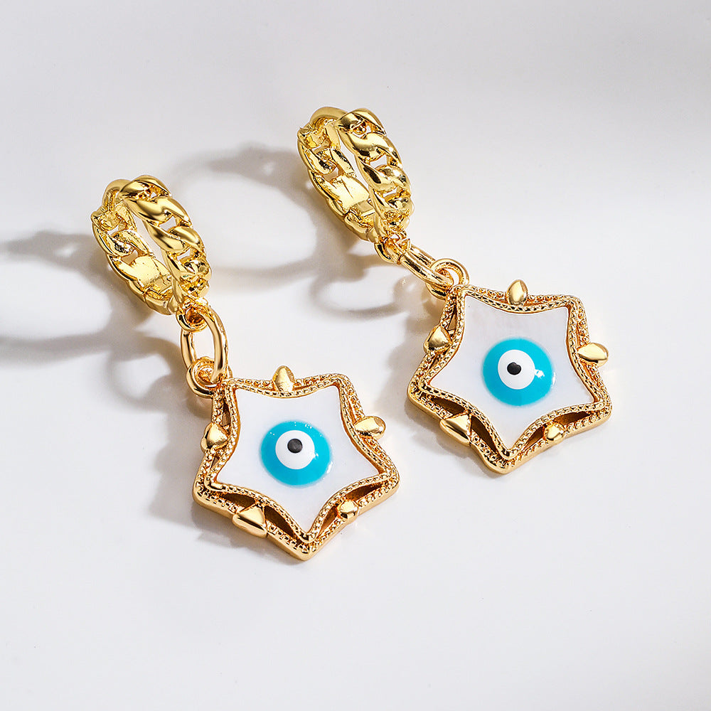 Minimalist Geometric Star Pendant Earrings with Enamel Eye Detail in Copper Plated 18K Gold for Women