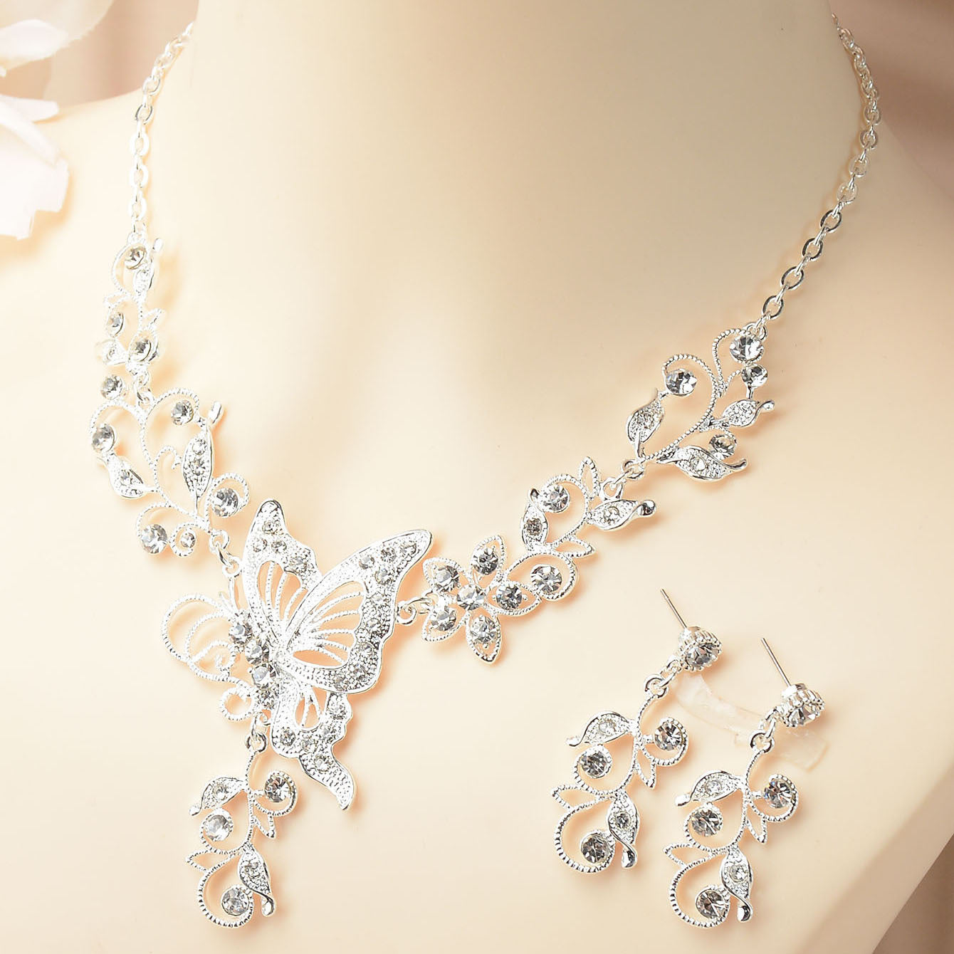 Sweet Rhinestone Butterfly Alloy Plated Necklace and Earring Set for Women Wedding Bridal Jewelry