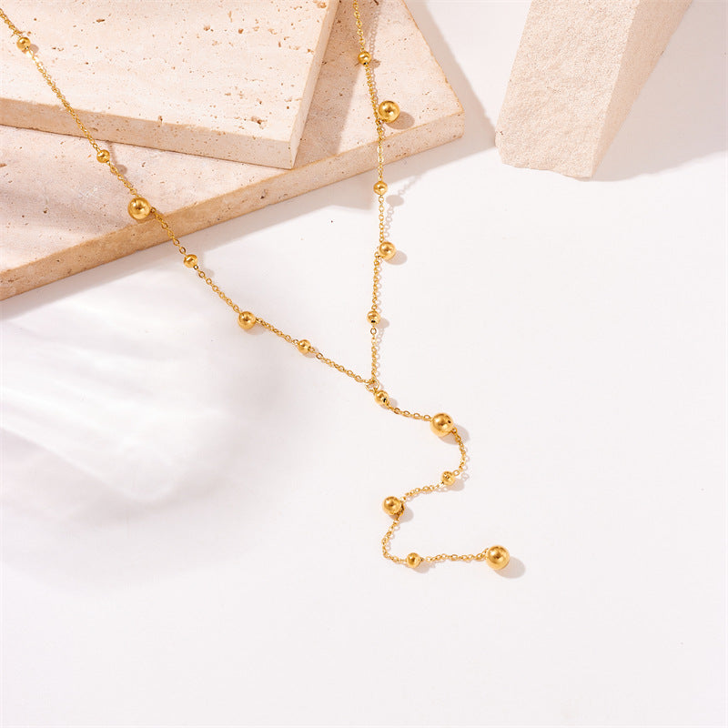 Minimalist Fashion Long Tassel Round Ball Gold-Plated Stainless Steel Pendant Necklace for Women