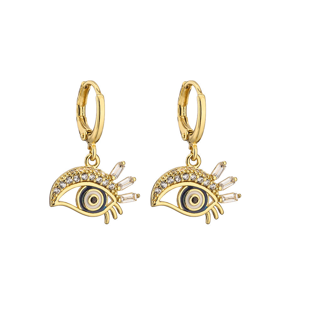 Orecchini Pendenti Geometrici Creativi in Rame con Placcatura in Oro 18K, Zirconia Micro-Incastonata, Design a Occhio Smaltato da Donna