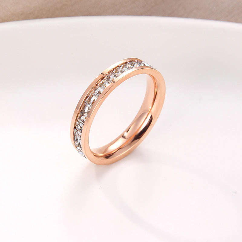 Minimalist Square Titanium Steel Ring with Full Rhinestone Inlay for Women and Men Unisex Fashion Band