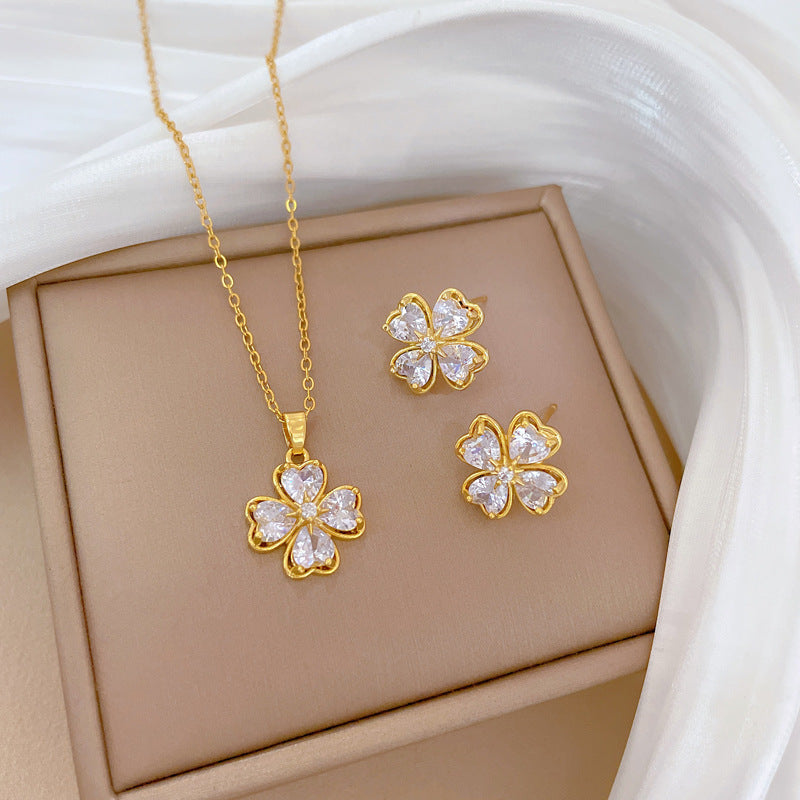 Luxury Fresh and Sweet Plated Brass Zircon Micro-Pave Earrings and Necklace Set