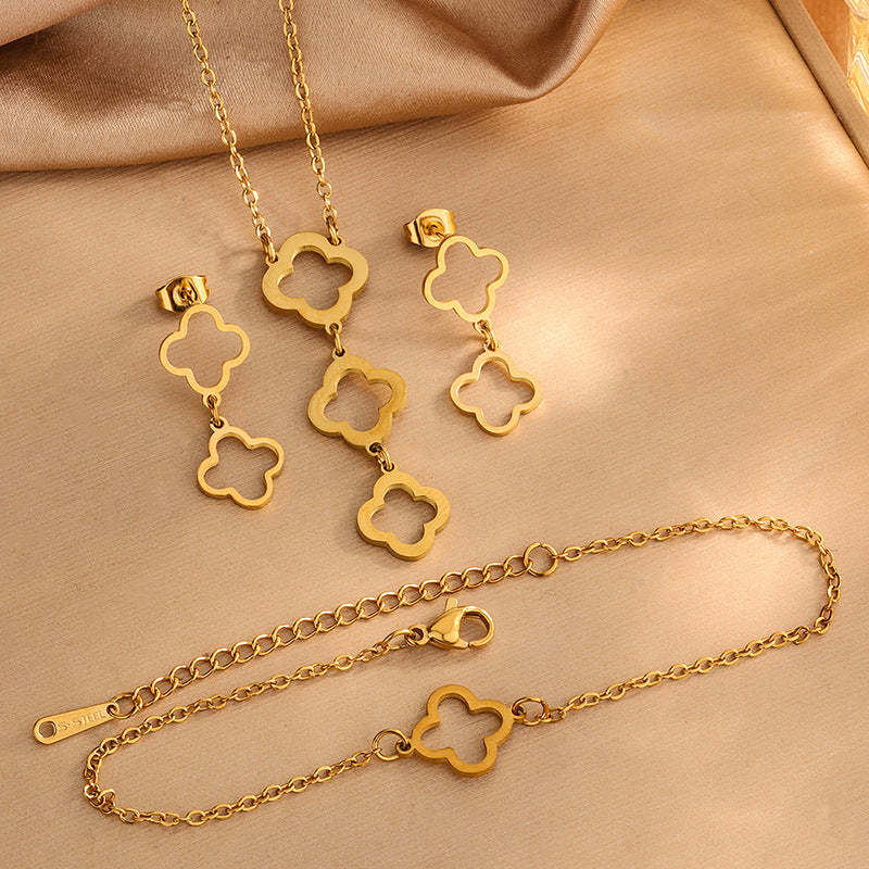Elegant Hollow Four-Leaf Clover Stainless Steel Plated Necklace Bracelet Earring Set for Women