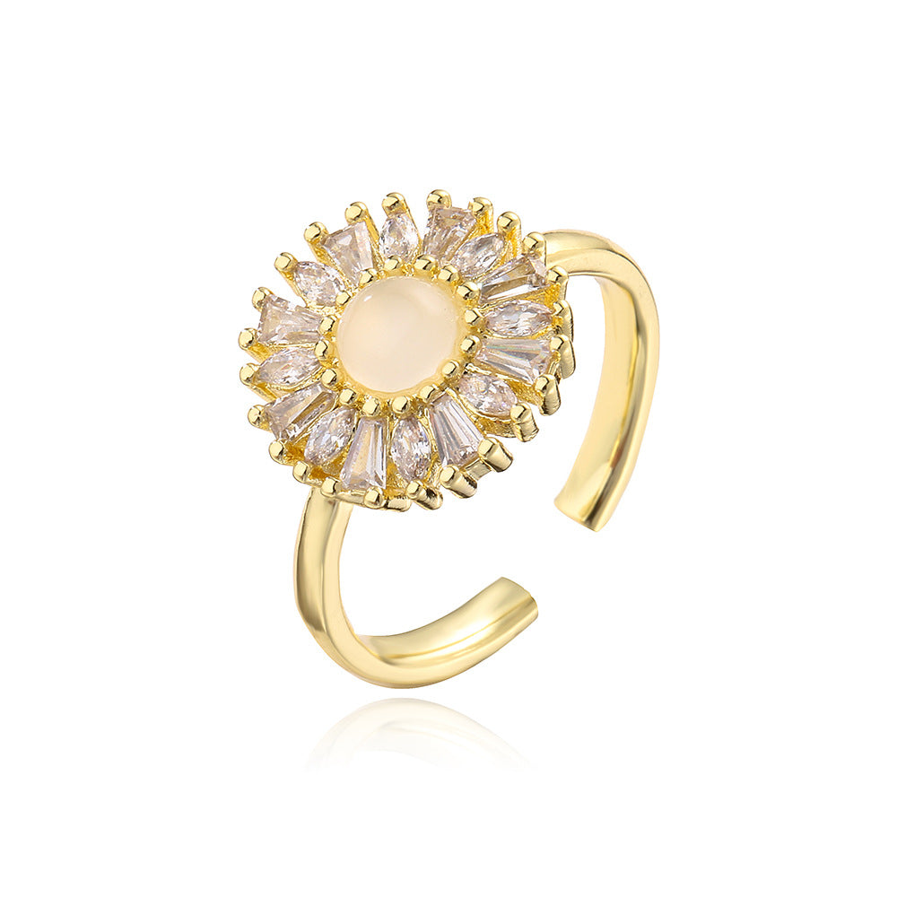Anello Aperto Geometrico Minimalista da Donna Realizzato in Ottone con Placcatura in Oro 18K e Zirconia Micro-Incastonata