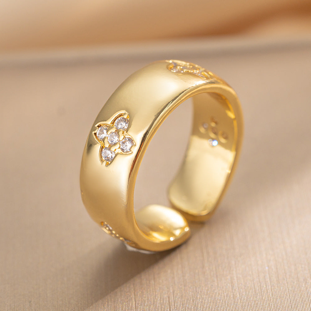Luxury Minimalist Adjustable Open Ring for Women with Gold-Plated Copper Band and Zircon Stone Accent in Heart and Floral Shape