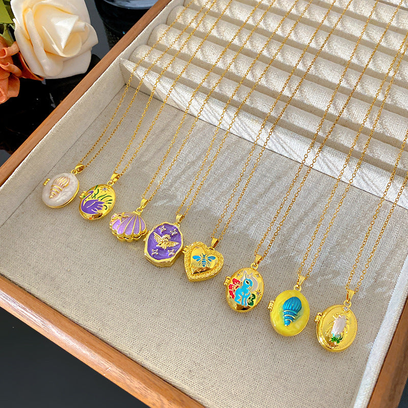 Vintage Enamel Drip Oil Oval Heart Brass Pendant Titanium Steel Necklace Cable Chain