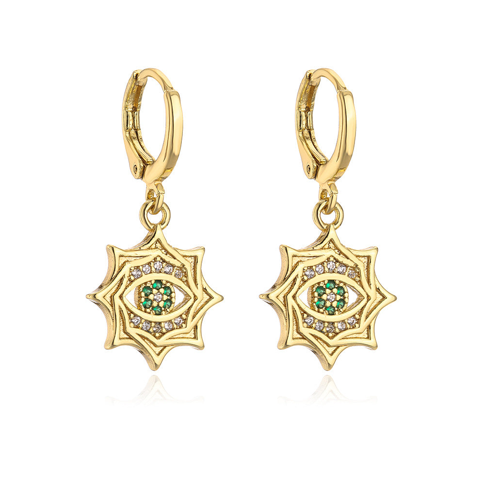 Vintage Geometric Copper Earrings with 18K Gold Plating and Zircon Evil Eye Design for Women