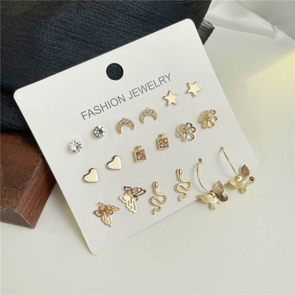 Minimalist Elegant Geometric Star Moon Heart Butterfly Rhinestone Inlay Alloy Handmade Earrings for Women