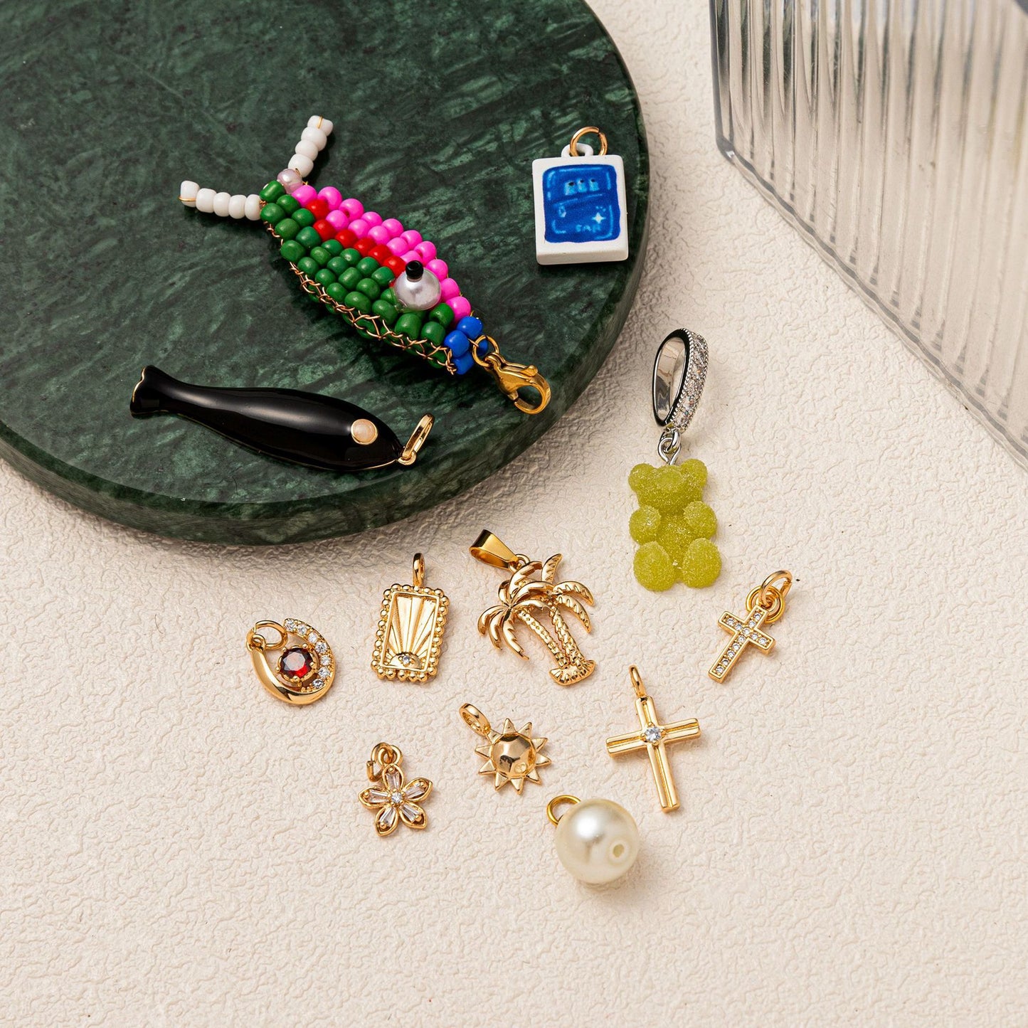 Minimalist Luxury 18K Gold Plated Brass Pendant Necklace with Coconut Tree and Fish Design for Unisex
