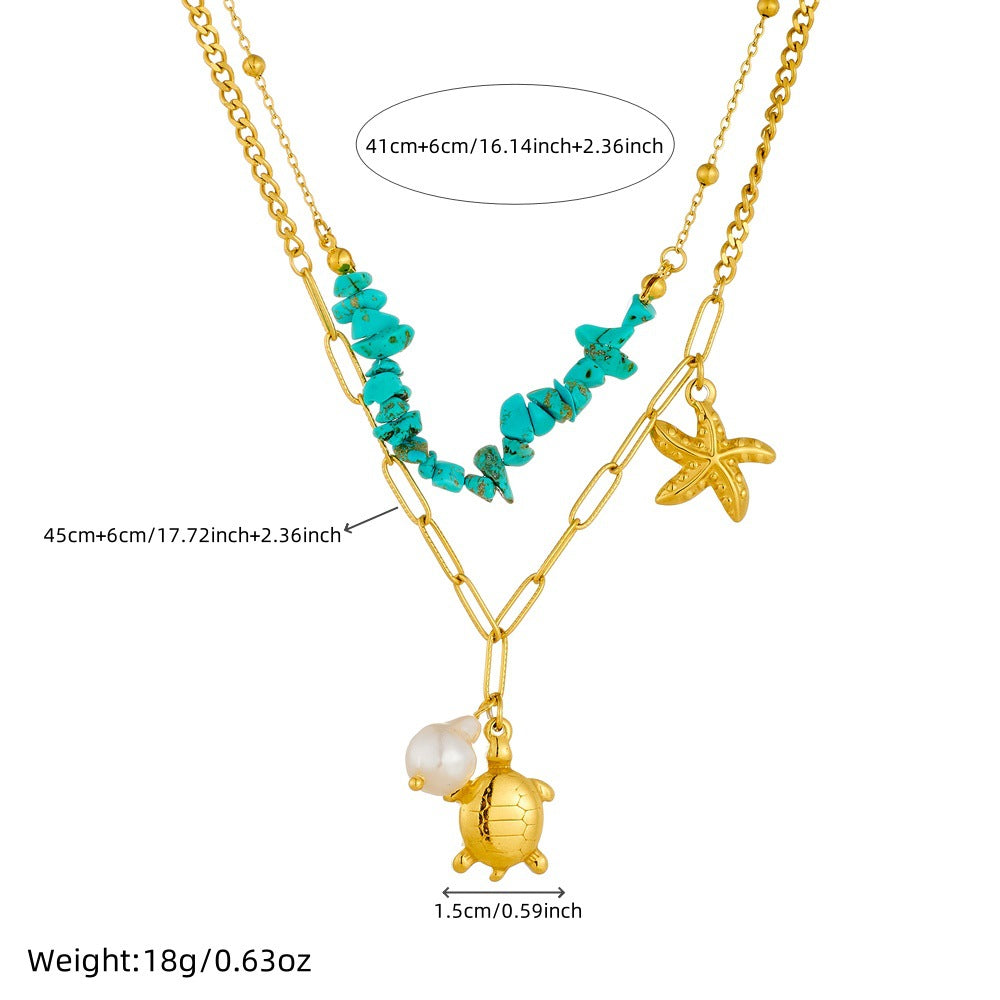 Collana con ciondolo personalizzato a forma di tartaruga e stella marina in acciaio inossidabile con strass blu su catena a maglie per donna