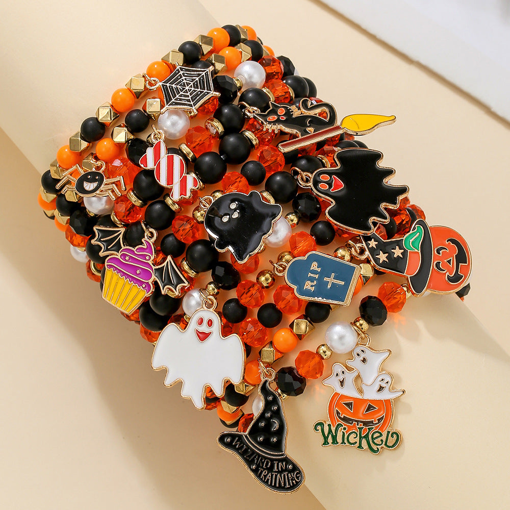 Gothic Punk Plated Alloy Cartoon Spider Bat Skull Charm Bracelet for Women Halloween Gift
