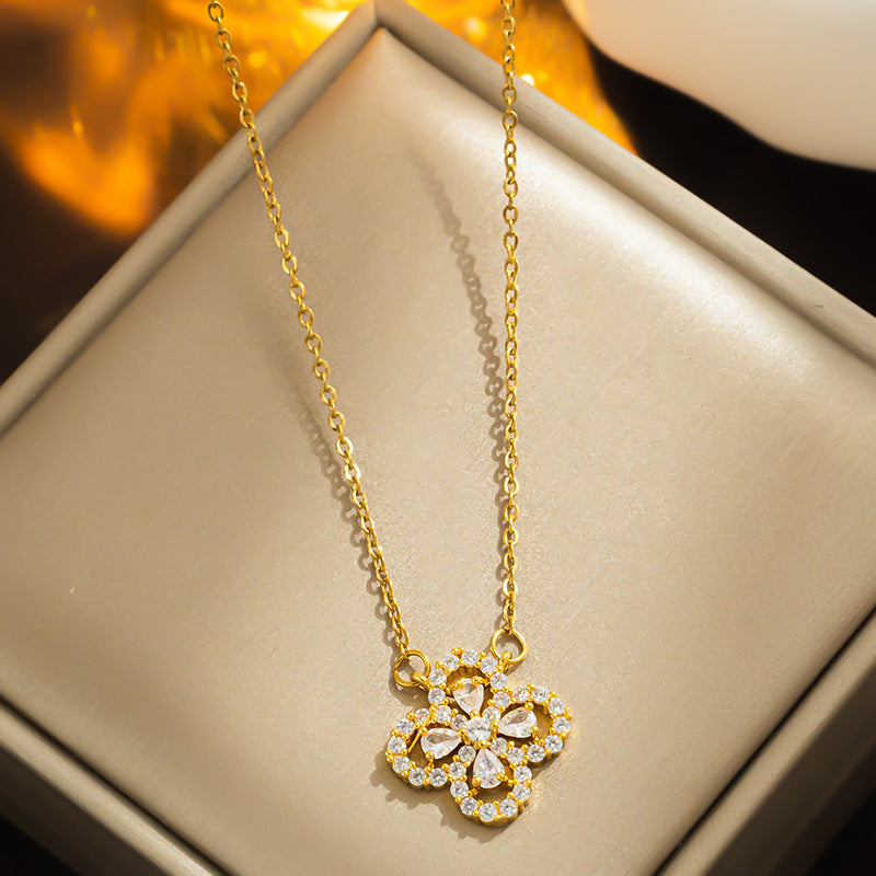 Minimalist Four-Leaf Clover Pendant Necklace in Titanium Steel with Zircon Inlay on O-Chain for Women