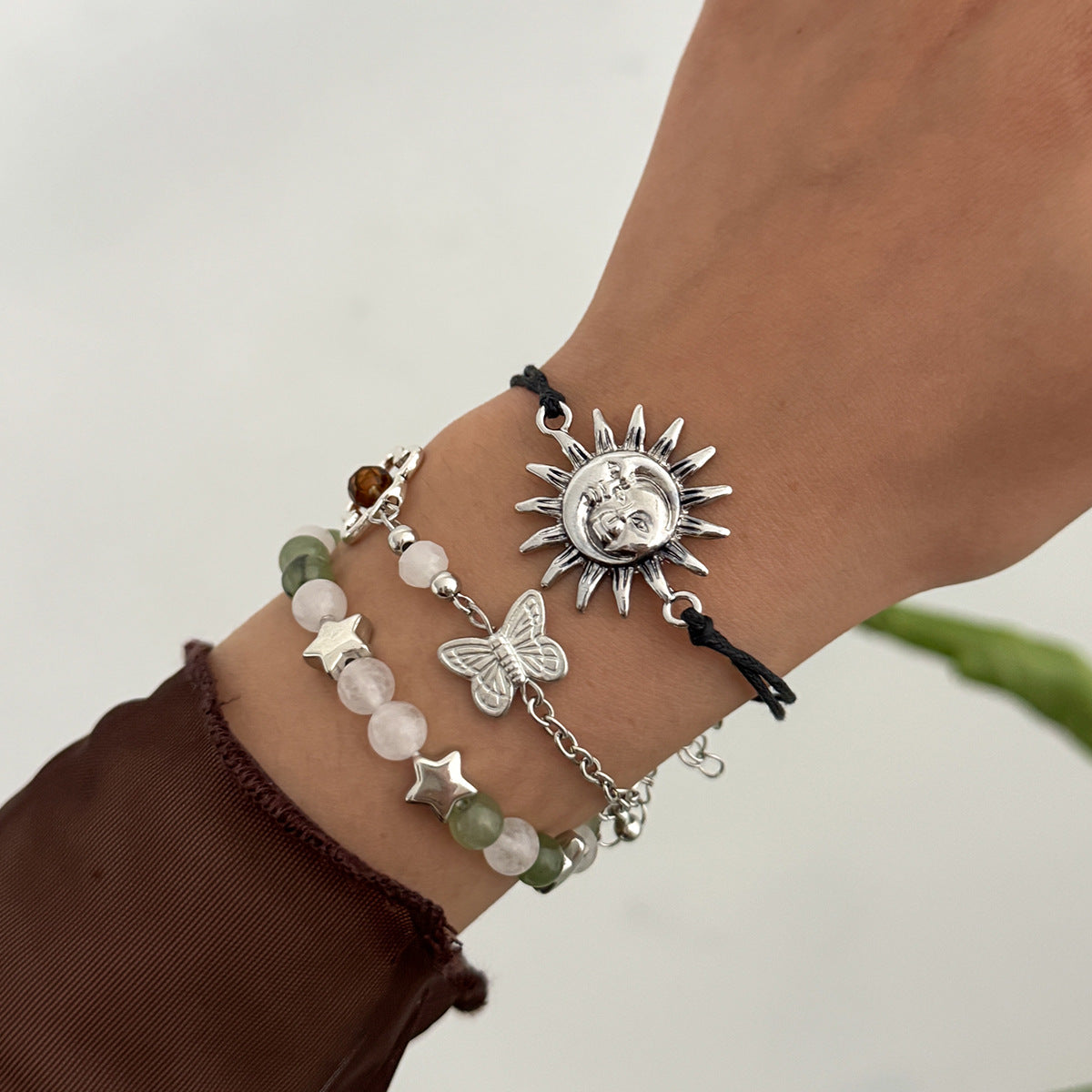 Vintage Ethnic Star-Shaped Alloy Bracelet for Women with Butterfly Mushroom and Botanical Motifs Natural Sun and Star Accents Handmade