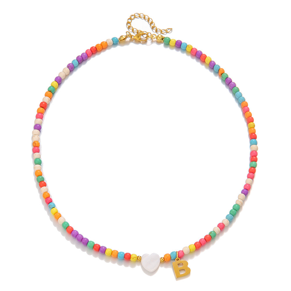 Minimalist Stainless Steel Letter Heart Necklace with Turquoise Inlay Cable Chain Unisex DIY Charm Bar