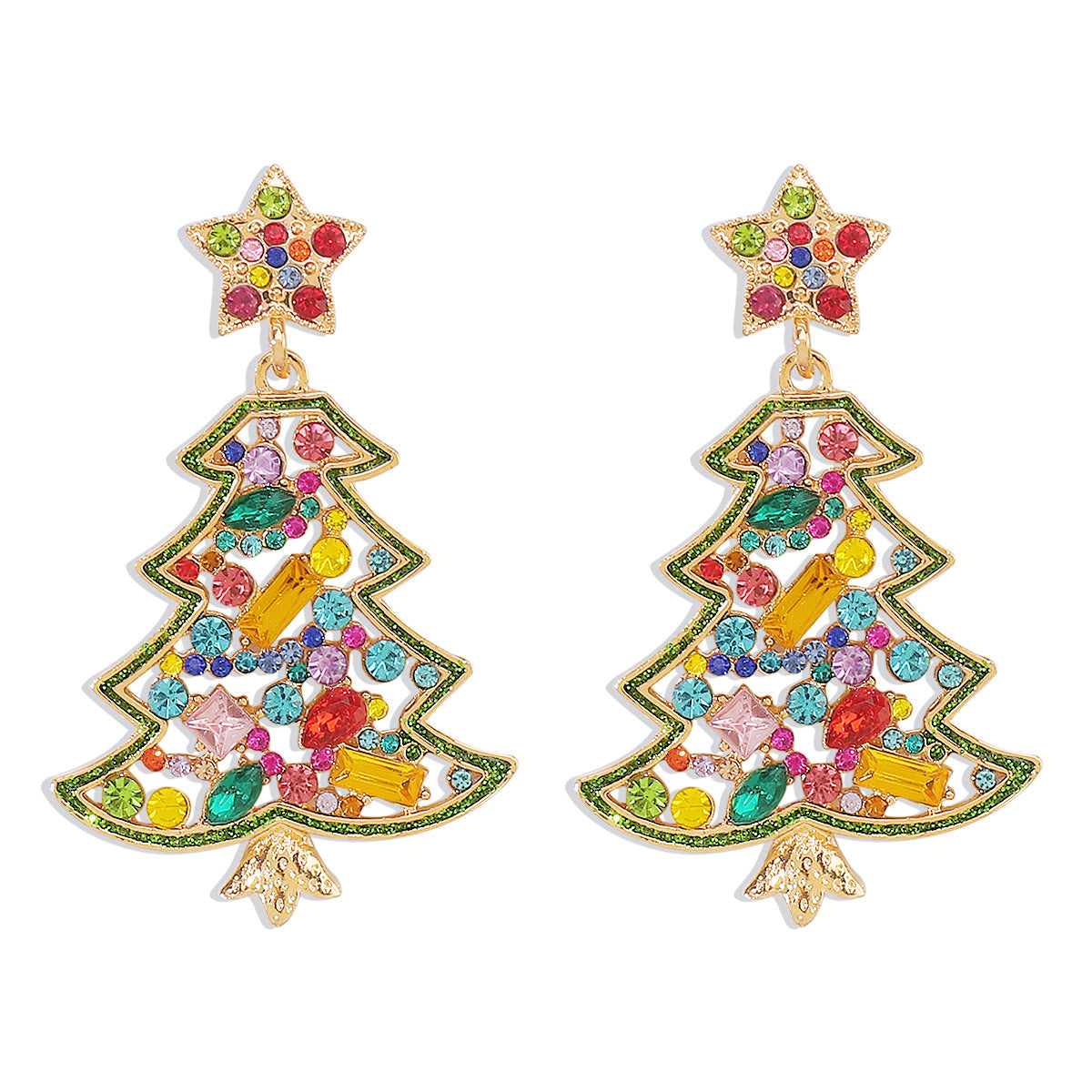 Pendientes geométricos de aleación, dulces y atrevidos, con incrustaciones de pedrería y diseño de árbol de Navidad y estrella para mujer