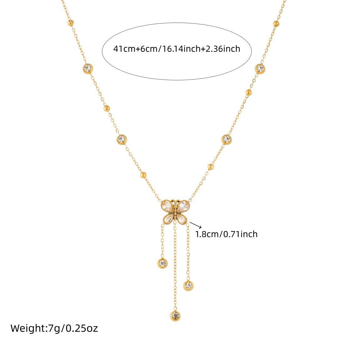 Minimalist Gold Plated Stainless Steel Butterfly Teardrop Pendant Necklace with Rhinestone Inlay and Tassel Chain for Women