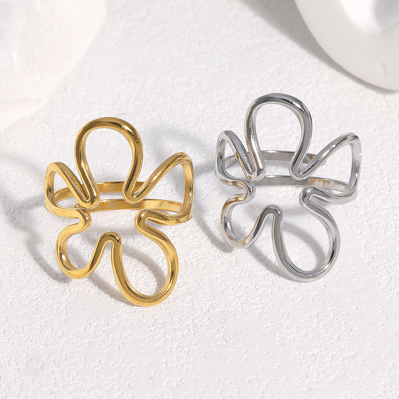 Sweet Minimalist Hollow Flower Plated Stainless Steel Ring for Women