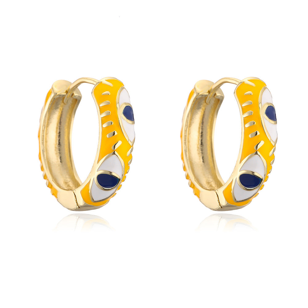 Bohemian Style Geometric Copper Hoop Earrings with 18K Gold Plating and Enamel Eye Detail for Women