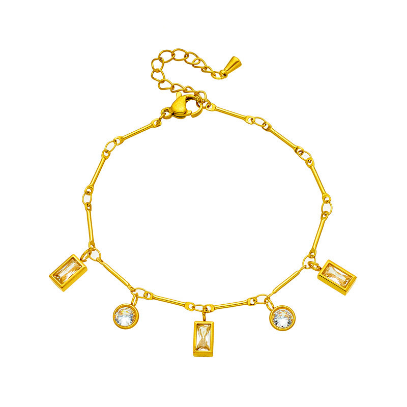 Braccialetto da Donna Minimalista Geometrico Tondo e Quadrato con Strass in Acciaio al Titanio