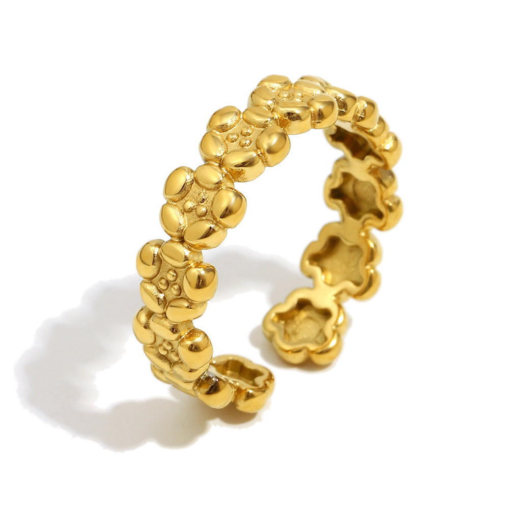 Minimalist French-Inspired Floral Open Ring for Women in Stainless Steel with 18K Gold Plating