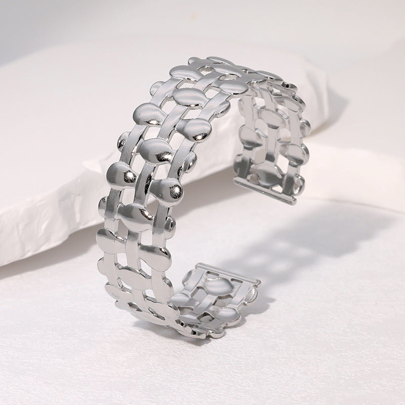 Minimalist Geometric Cold-Tone Bracelet with Heart and Floral Motifs in Gold-Plated Stainless Steel for Women