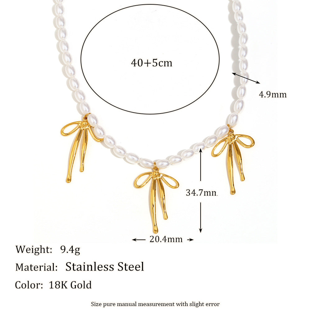 Fashionable Bowknot Pendant Necklace for Women in Stainless Steel with 18K Gold Plating and Imitation Pearl Accent