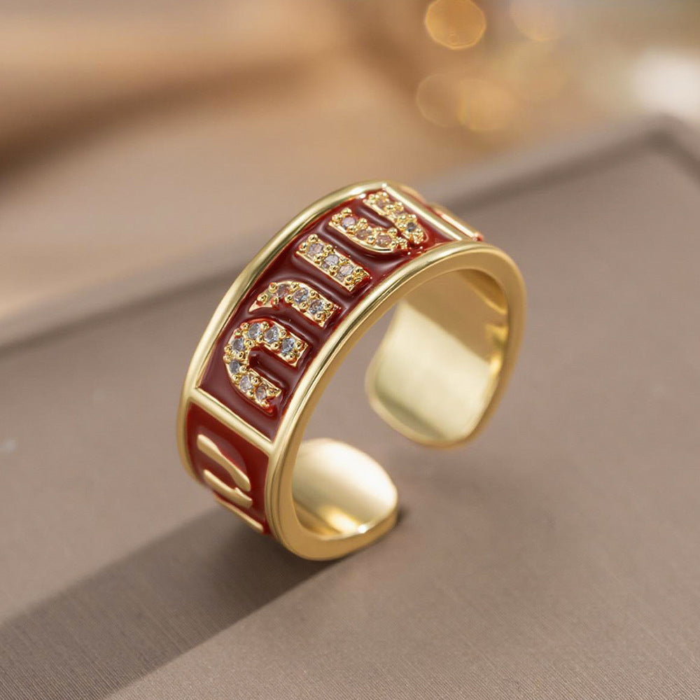 Fashion Luxury Geometric Irregular Enamel Zircon 18K Gold Plated PVD Copper Open Ring for Unisex